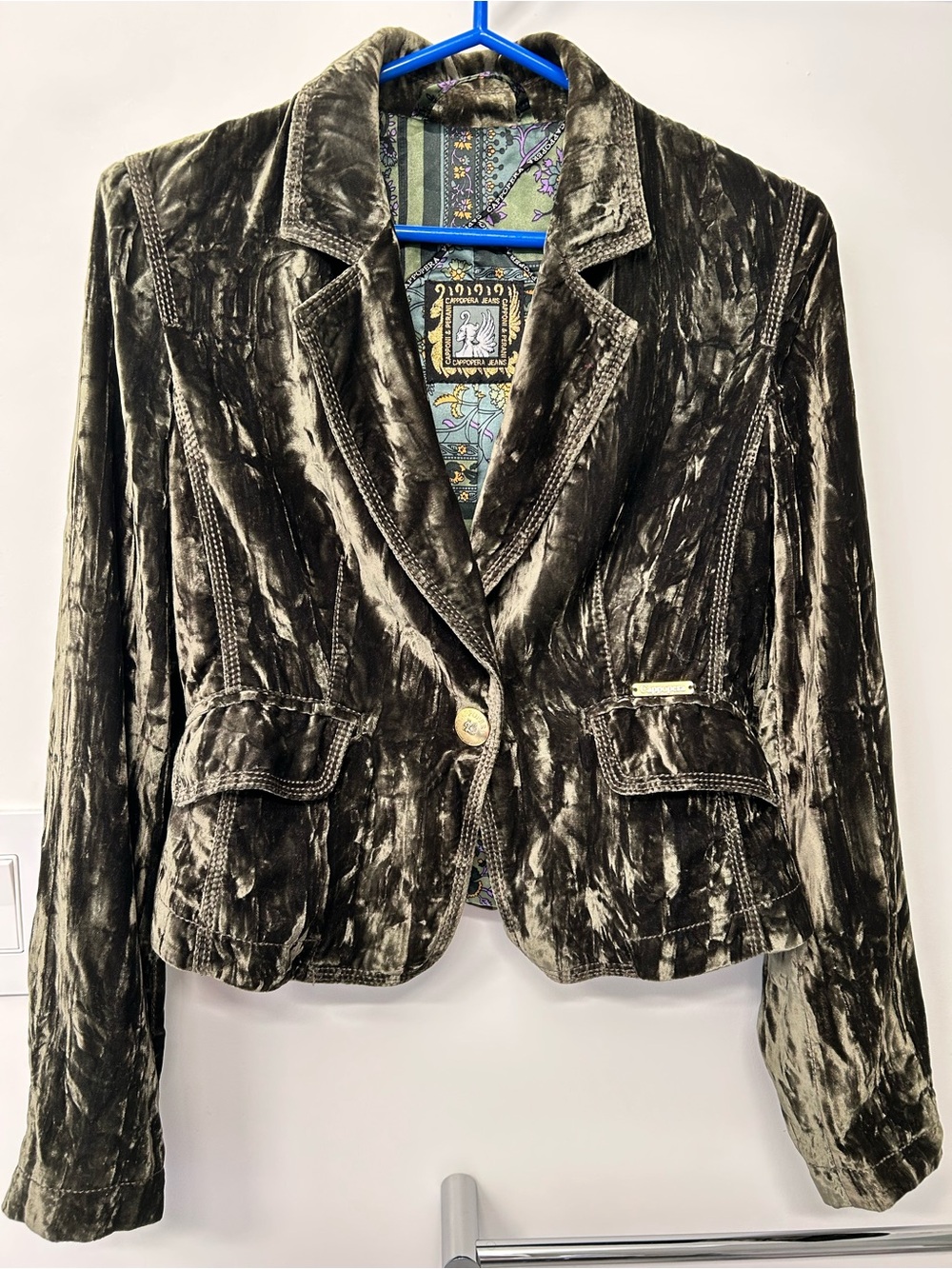 Olive Crushed Velvet Tailored Blazer Jacket